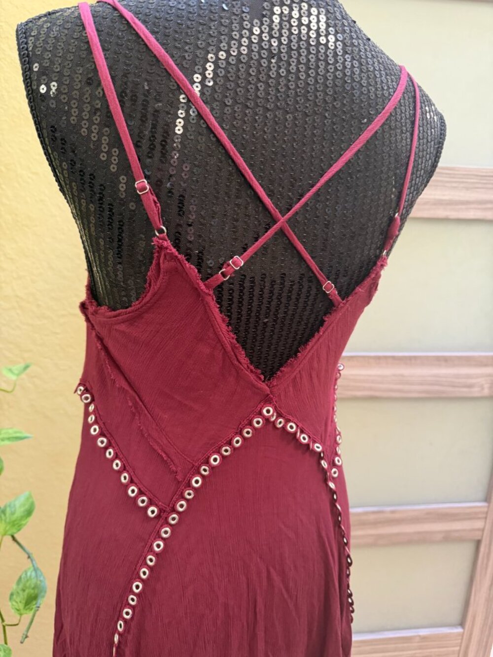 Free People Burgundy Eyelet Mini Dress – Boho Festival Slip Dress - Picture 6 of 8
